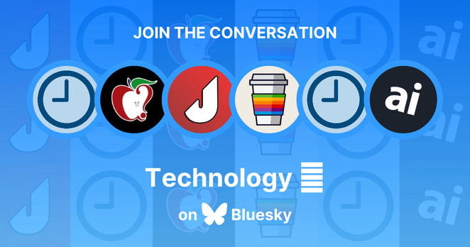 Image of a few profile pictures (Apple related), and it says technology on Bluesky beneath.