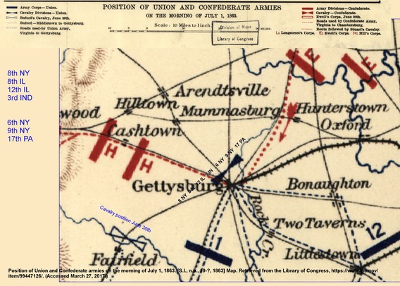 Position of Union and Confederate armies on the morning of July 1, 1863. [S.l., n.p., 19-?, 1863] Map. Retrieved from the Library of Congress, 
https://www.loc.gov/item/99447126/. (Accessed March 27, 2015)