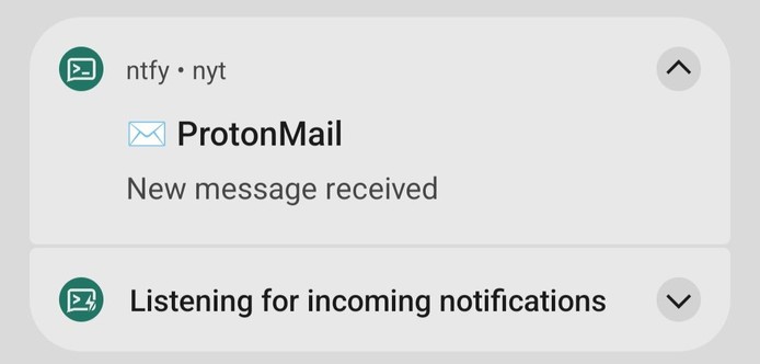 Screenshot of Android notification about a received email in Protonmail via the ntfy.sh app