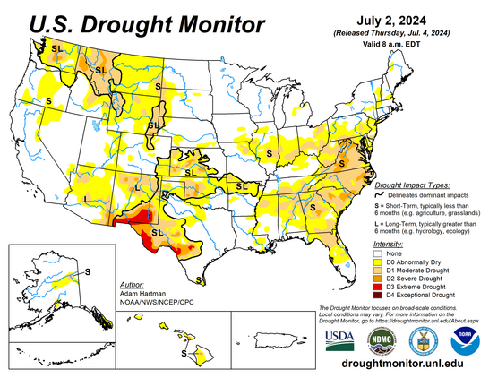 US Drought Monitor showing conditions for 7-3-24.