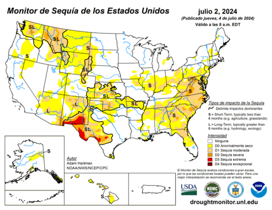 Monitor de sequía de julio 3 que muestra las condiciones para el 2 de julio de 2024 