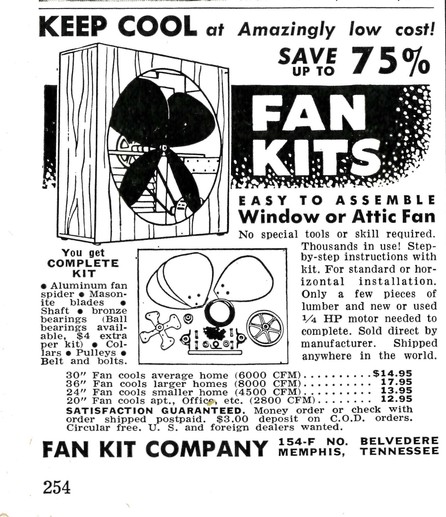 Scanned ad for a built-it-yourself fan via Fan Kit Company, p254, Popular Mechanics, June 1958.