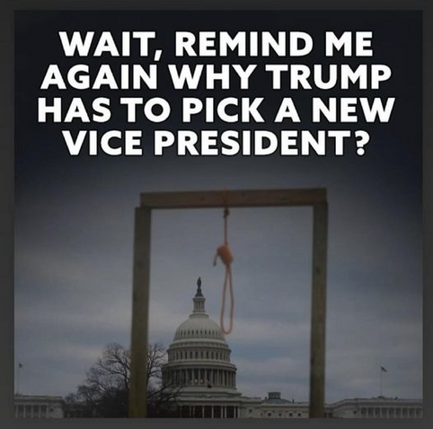 WAIT, REMIND ME AGAIN WHY TRUMP HAS TO PICK A NEW VICE PRESIDENT? 

[Photo from January 6th showing a gallows with a hangman's noose hanging from it.]