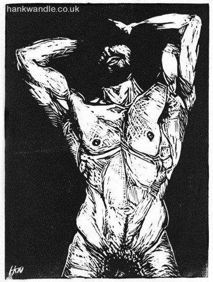 linocut print in black ink of a naked man, he's got both hands on his head and his eyes are obscured. the image is cropped at the groin giving a slight hint of penis