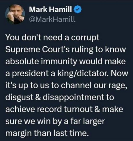 Mark Hamill
@MarkHamill 

You don't need a corrupt Supreme Court's ruling to know absolute immunity would make a president a king/dictator. Now it's up to us to channel our rage, disgust & disappointment to achieve record turnout & make sure we win by a far larger margin than last time. 