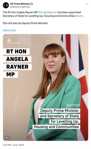 UK Prime Minister tweet announcing Rt Hon Angela Rayner MP as Secretary of State for Levelling Up, Housing and Communities, and Deputy Prime Minister, with her portrait next to the UK flag.