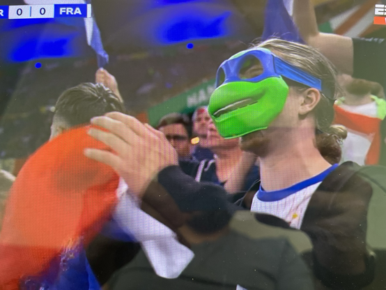Hincha de Francia en la Eurocopa, con la máscara del personaje Leonardo de las Tortugas Ninja.