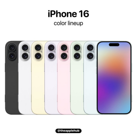 Image of several iPhone 16s next to each other, each are different colours