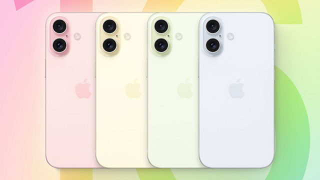 Image of 4 iPhone 16s next to each other, from left to right, the colours are pink, yellow, white, purple.