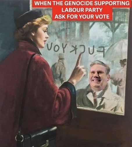 Picture from a 1960s child's book adapted with Kier Starmer looking through a window canvassing for a vote and a woman scrawling on the misty window 'Fuck You'