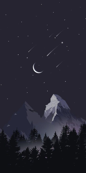 Illustration of a mountainous landscape at night, with a crescent moon, shooting stars, and a dark forest in the foreground.