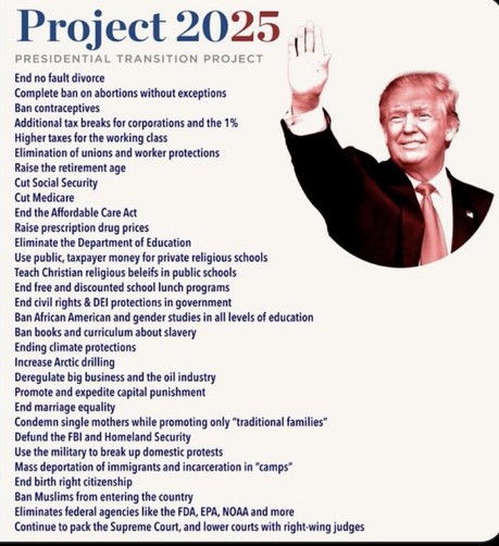 Project 2025
Presidential Transition Project
(picture of trump)
End no fault divorce
Complete ban on abortions without exceptions
Ban contraceptives
Addition tax breaks for corporations and the 1%
Higher taxes for the working class
Eliminations of unions and worker protections
Raise the retirement age
Cut Social Security
Cut Medicare
End the Affordable Care Act
Raise prescription drug prices
Eliminate the Department of Education
Use public, taxpayer money for private religious schools
Teach Christian religious beliefs in public schools
End free and discounted school lunch programs
End civil rights and DEI protections in government
Ban African American and gender studies in all levels of education
Ban books and curriculum about slaving
End climate protections
Increase Arctic drilling
Deregulate big business and the oil industry
Promote and expedite capital punishment
End marriage equality
Condemn single mother while promoting only “traditional families”
Defund the FBI and Homeland Security
Use the military to break up domestic protests
Mass deportation of immigrants and incarceration in “camps”
End birth right citizenship
Ban Muslims from entering the country
Eliminate federal agencies like the FDA, EPA, NOAA and more
Continue to pack the Supreme Court and lower courts with right wing judges
