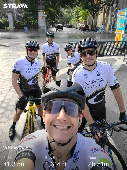 Group selfie of 5 people all wearing the black and white club jersey and their bike gear
