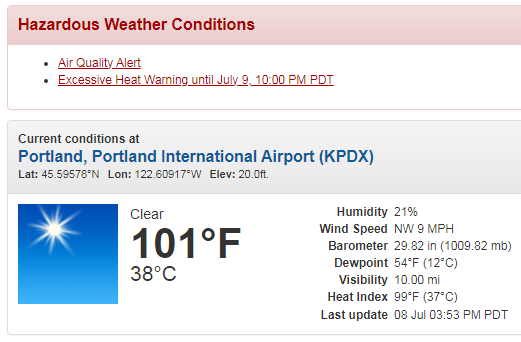 Screen capture of the NWS website showing the current temperature of 101 F / 38 C along with a humidity of 21% and a barometer reading of 29.82 in (1009.82 mb). Dewpoint is 54 F / 12 C. Heat Index is 99 F / 37 C.