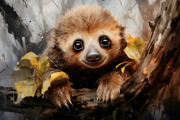 A watercolor painting of a baby sloth looking directly at the viewer with wide, innocent eyes from its perch among autumn leaves. The artwork features detailed fur texture and expressive eyes, set against a backdrop of soft autumnal colors and dynamic paint splatters, creating a cozy yet lively scene.