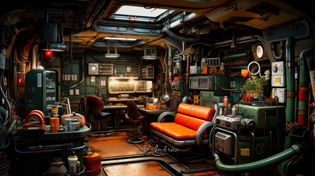 A detailed interior of a cabin on an exoplanet research ship, featuring a vibrant orange couch, numerous control panels, monitors, and consoles. Tools and supplies are neatly arranged amidst high-tech equipment. The space includes potted plants and a skylight, creating a cozy yet advanced environment for daily life and research.
