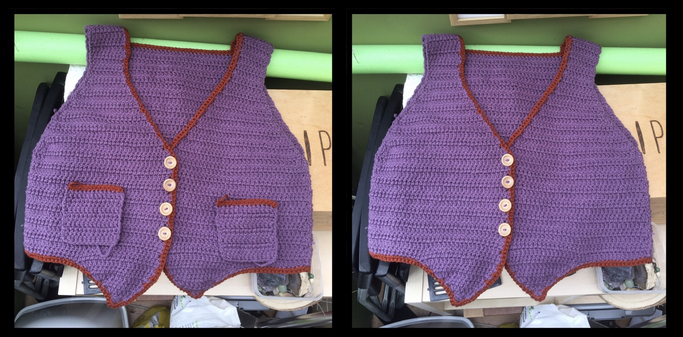 Two photos of dusky purple waistcoat with copper trim. One with pockets, one without.