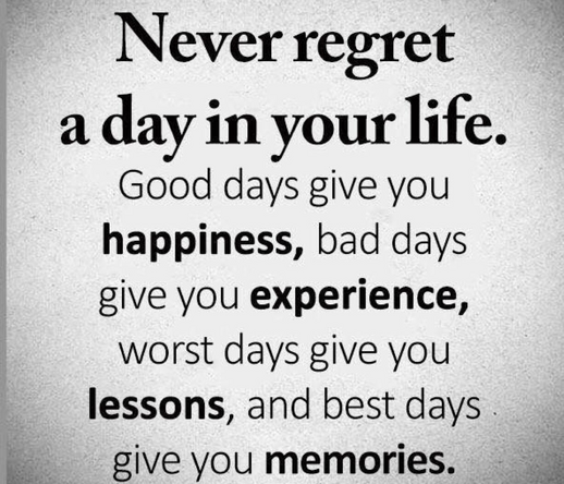 Never regret a day in your life. Good days give you happiness, bad days give you experience, worst days give you lessons, and best days give you memories. 