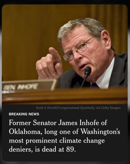 Former Senator James Inhofe speaking into a microphone with text announcing his death at age 89.