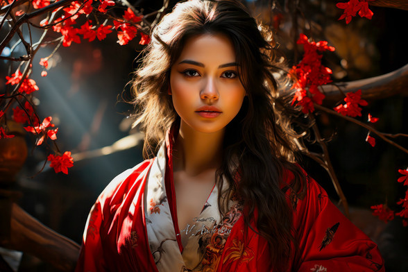 The image showcases a young Asian woman wearing a vibrant red kimono, standing in a lush forest. Her dark hair flows around her shoulders, and she is surrounded by red and orange blossoms. The soft, natural light highlights her serene expression and the intricate floral patterns of her kimono. The scene features a tranquil, cinematic atmosphere with warm autumn hues and a harmonious blend of human and nature.