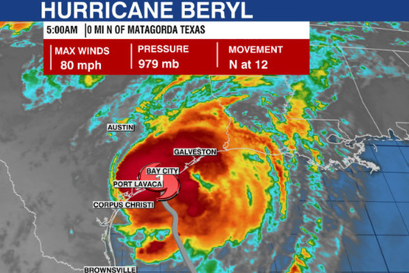 map of Beryl making landfall as a CAT-1 hurricane, with four Gulf States in the view 