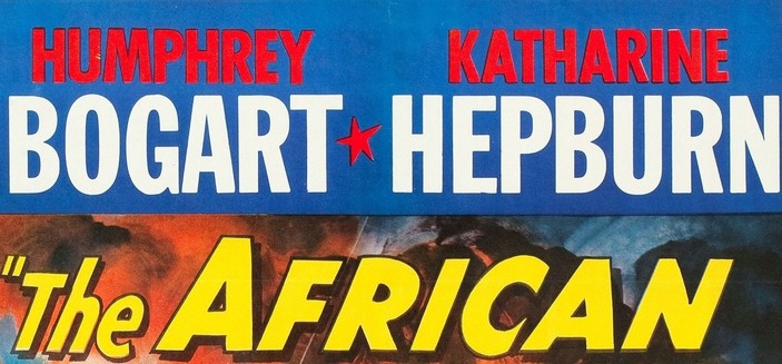 the cropped top of the movie poster for THE AFRICAN QUEEN (starring Bogart and Hepburn)