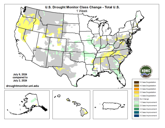 US Drought Monitor class change map comparing conditions from July 9 to July 2, 2024. 
