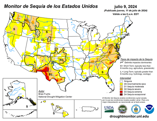 Monitor de sequía de EE. UU. que muestra las condiciones para el 11 de julio de 2024  