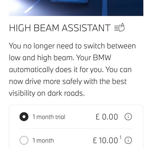 Pay BMW £10/month to automatically switch between low and high beams. There is a one month free trial, though!