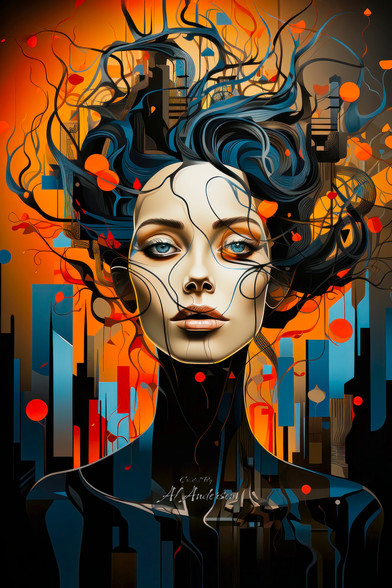 A surreal digital portrait of a woman with black and blue hair that morphs into cityscape elements, complete with buildings and urban motifs, highlighted by vibrant orange accents. Her serene expression and the intricate details of her hair, intertwining nature with urban forms, create a compelling and dynamic artwork.