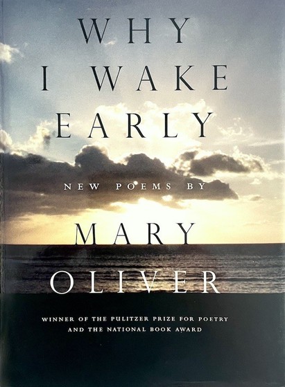 A book of poetry titled 'Why I Wake Early', by Mary Oliver. The cover photograph shows the sun rising over the ocean.