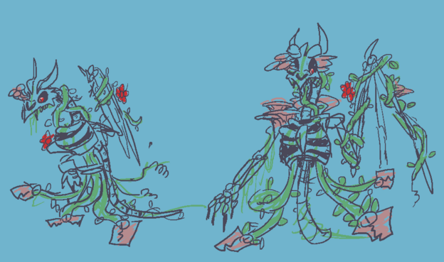 a plant monster consisting of tentacles and fungus growing around the skeleton of a dragon
