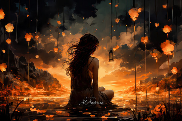 A digital painting depicts a young woman sitting by a lake at sunset, surrounded by floating lanterns. The scene is illuminated by the golden light of dusk, reflecting off the water and enhancing the silhouette of her long, flowing hair. The atmosphere is tranquil and slightly mystical, with a rugged landscape in the background.