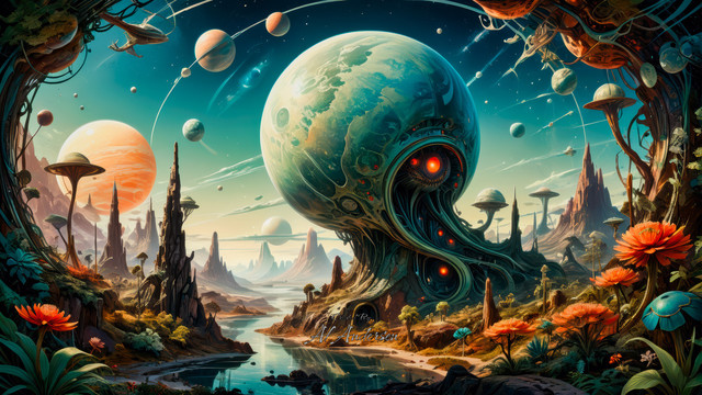 The image showcases an alien planet with vibrant and surreal landscapes, featuring a colossal spherical structure with root-like appendages and towering rock formations. Radiant flowers and oversized mushrooms add vivid colors, while a serene river reflects the scene. The sky is filled with multiple planets, stars, and ethereal light, creating an enchanting atmosphere.