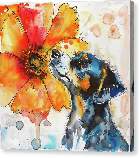 A digital watercolor art piece of a dog looking up with a large orange flower behind it. Art by Lisa S Baker. 