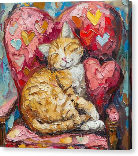 A painting of a sweet orange tabby cat peacefully laying in a heart shaped chair by Lisa S Baker. 