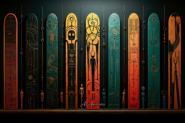 An image of a collection of vertical wooden boards, each richly decorated with tribal and mystical symbols in a range of colors from red to turquoise. The boards are displayed in a row against a dark backdrop, each uniquely patterned with intricate designs that suggest ancient cultural significance.