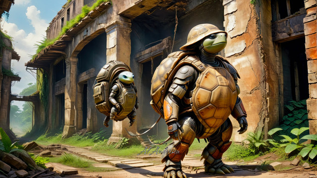 Digital artwork of two tortoise-robot hybrids exploring a lush, overgrown urban ruin under a bright, clear sky. The leading tortoise is large, with a detailed armored shell and mechanical limbs, walking confidently through the vegetation-engulfed ruins, followed by a smaller, similarly designed tortoise.