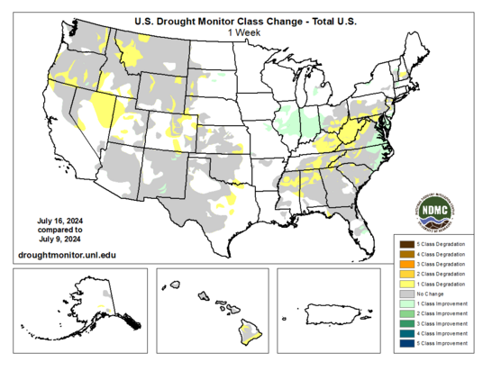 US Drought Monitor class change map comparing conditions from July 16 to July 9, 2024. 