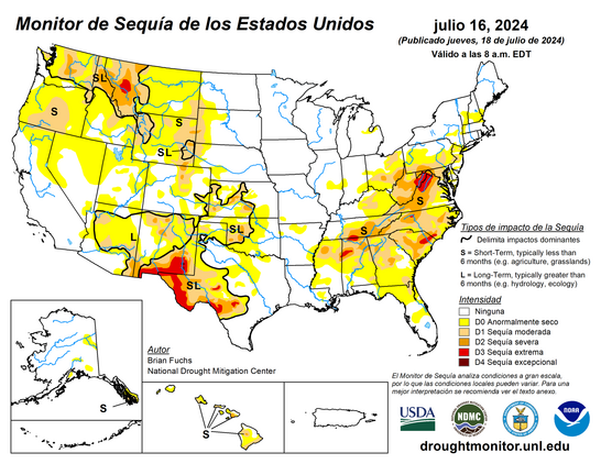 Monitor de sequía de EE. UU. que muestra las condiciones para el 18 de julio de 2024  