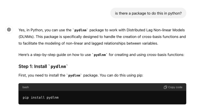 Yes, in Python, you can use the pydlnm package to work with Distributed Lag Non-linear Models (DLNMs). This package is specifically designed to handle the creation of cross-basis functions and to facilitate the modeling of non-linear and lagged relationships between variables.

This package does not exist:
Here’s a step-by-step guide on how to use pydlnm for creating and using cross-basis functions:
Step 1: Install pydlnm

First, you need to install the pydlnm package. You can do this using pip: