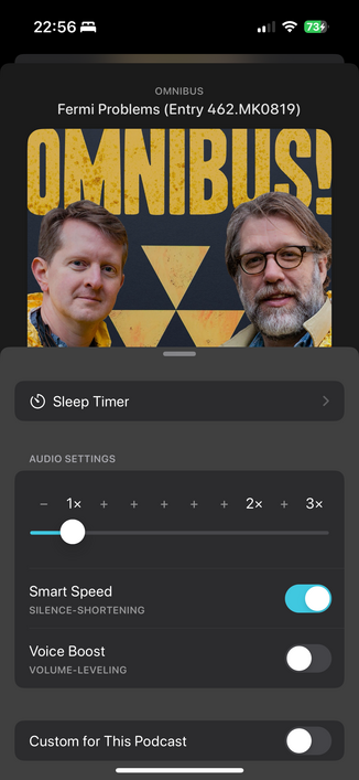 Screenshot of the updated version of Overcast with the episode audio settings and sleep timer overly showing. 