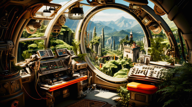 A high-tech workstation inside a futuristic research ship features advanced control panels and screens. A large, circular window reveals a lush, alien landscape with towering rock formations and dense forests. The scene blends cutting-edge technology with the natural beauty of an exoplanet.