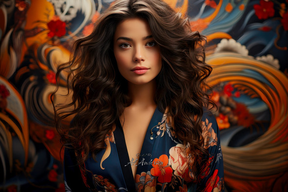 The image showcases a young Asian woman wearing a traditional kimono, standing against a vibrant floral backdrop. Her dark hair flows around her shoulders, and she has a serene expression. The kimono features detailed floral patterns in red, orange, and blue, harmonizing with the intricate, swirling background. The soft, natural light highlights her delicate features and the luxurious texture of her hair, creating a captivating and elegant scene.