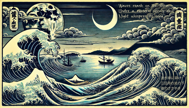 Daily Haiku: 20240719

Waves crash on the shore,
Under a crescent moon's glow,
Night whispers its song.