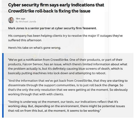 Statement about Crowdstrike problems.