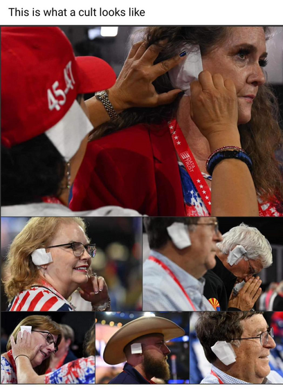 Various photos of people at the Trump rally, wearing bandages on their ears.