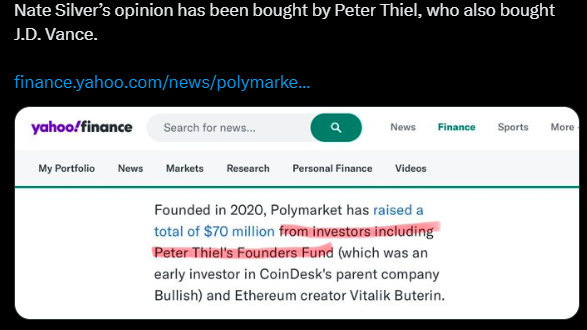 Info from Twitter re: Peter Thiel, Nate Silver + JD Vance... + Yahoo! finance info re: Polymarket... Silver now works for Polymarket...