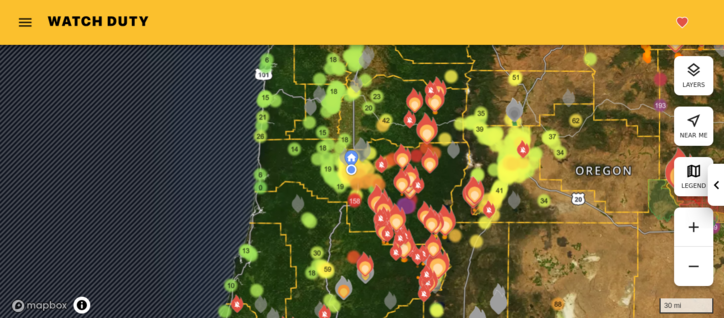 Watch Duty fires and AQI map of Wester Oregon, 1:30p (13:30) PDT July 19, 2024, showing the Calapoois and much of the Cascades lit up like a birthday cake after the recent lightning storm.