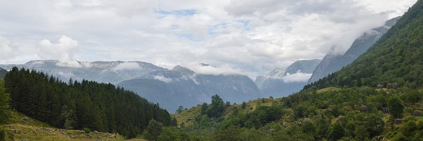 A panoramic photo of a the slope of a hill with the sides of a fjord in the background. The sky is cloudy and there are clouds amongst the mountain tops of the fjord.